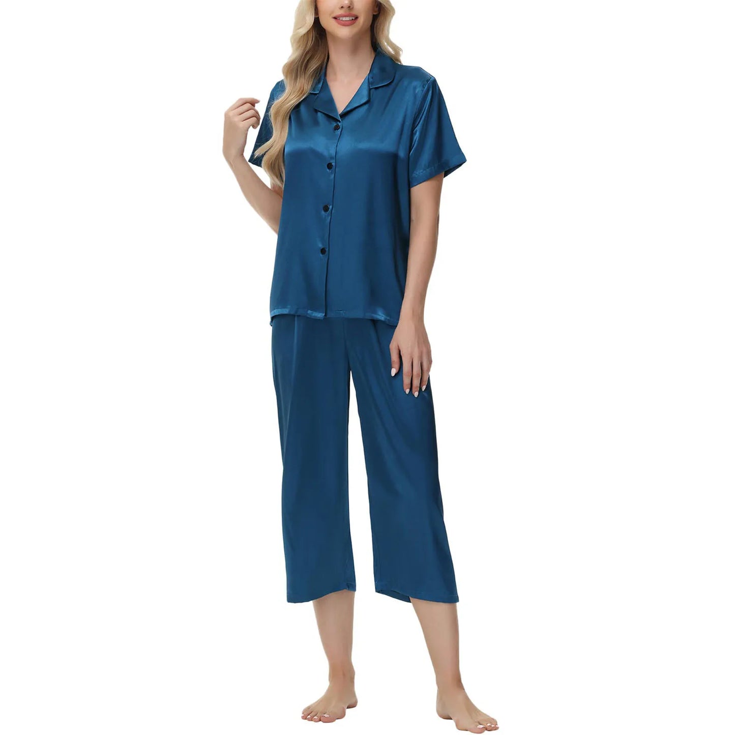 Women'S Pajama Set Burgundy Silky Fabric Short Sleeve Fashion Pants Home Clothes Bedroom Leisure Scene Stay At Home