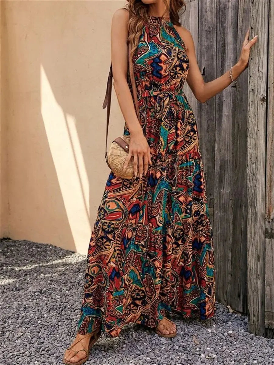 Women's Dress Elegant Print Sleeveless O-neckhalter Off Shoulder Dresses Vintage Waistlace Up Boho Women Long Dress Vestidos
