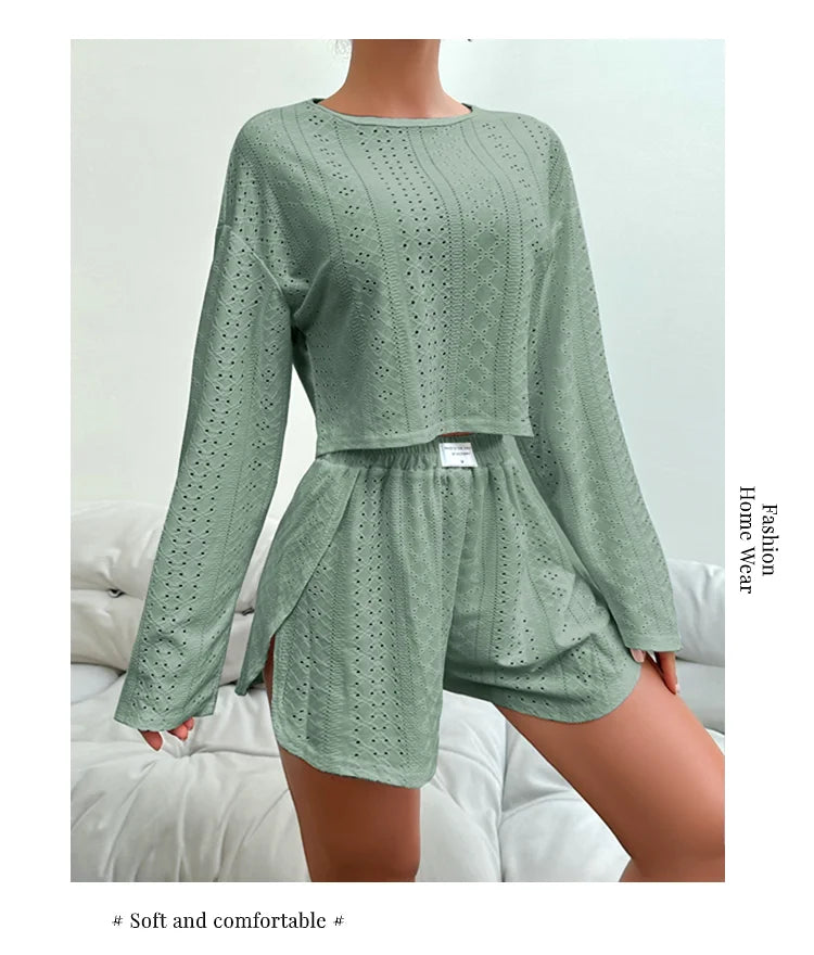 Women's Pajamas Set Sleepwear Loungewear Autumn Soft Comfortable Long Sleeve Tops With Shorts Pyjama Femme Home Clothes 2 Piece