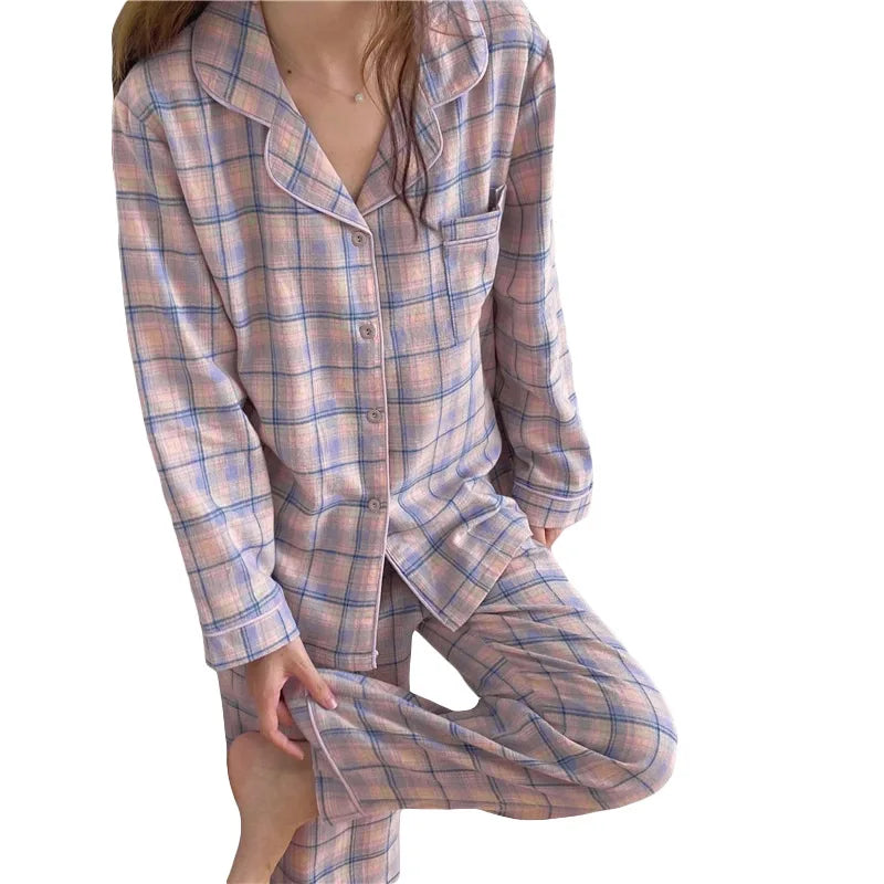 Pajamas Female Autumn and Winter Long-Sleeved Sweet Homewear Two-Piece Tide Cardigan Lapel Plaid Homewear 1