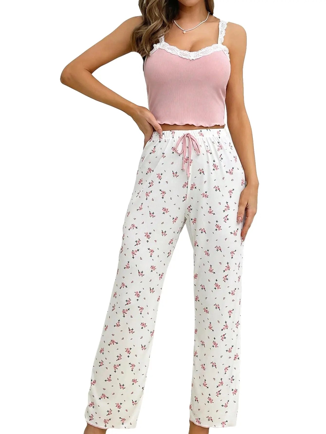 Women's Pink Cami Pajama Set Floral Print Wide Leg Pants Lace Trim Ribbed Sleepwear Soft Comfortable Pj Set New Trendy Fashion