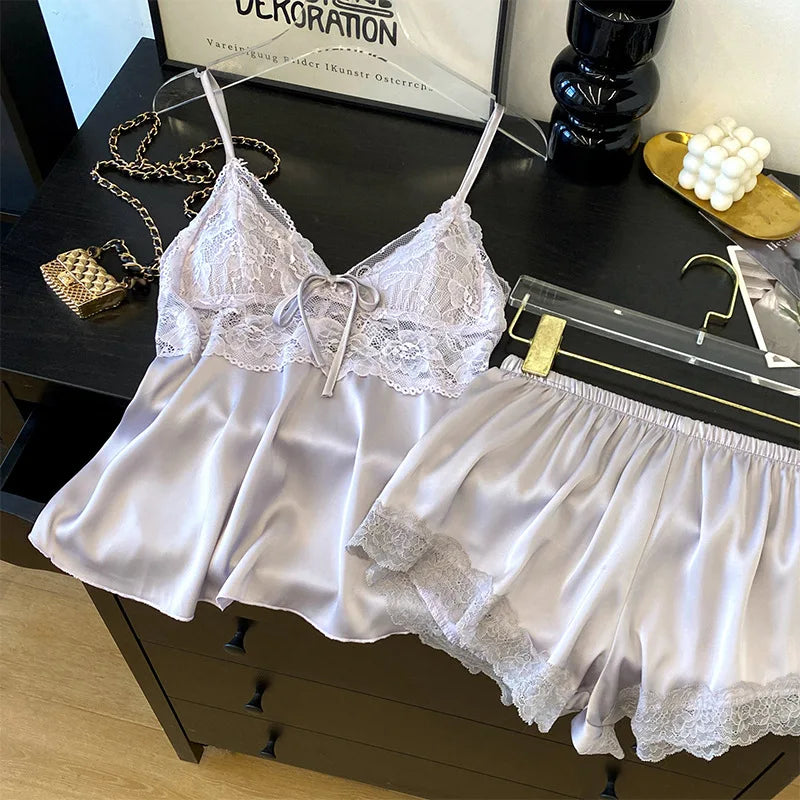 Female Suspender Pajamas Set Lounge Wear Sexy Hollow Out Lace Intimate Lingerie Sleepwear Summer New Strap Top&shorts Homewear