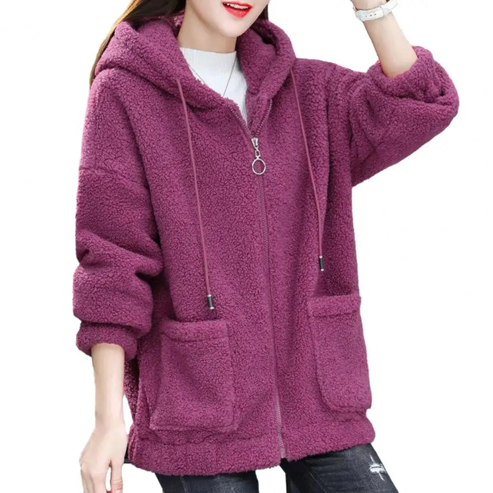 Women Coat Autumn Winter Hooded Drawstring Coat Long Sleeve Pockets Zipper Placket Thick Plush Cardigan Outwear Streetwear