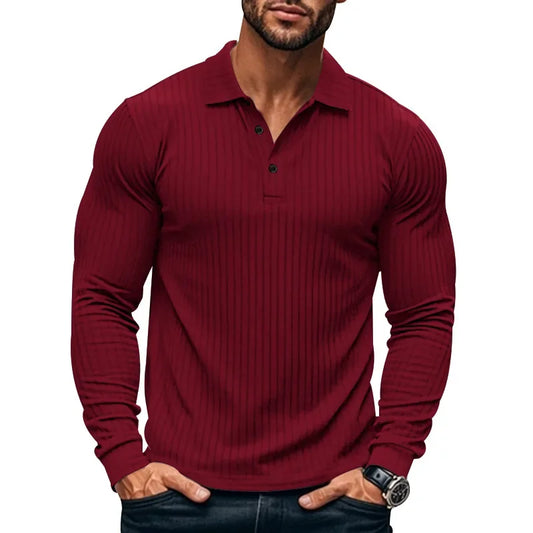 Business Striped Polo Shirt Men 2025 Autumn Men's American Lapel Tops Button-up Long-sleeve T-shirt Elastic Stripe Polo Shirts