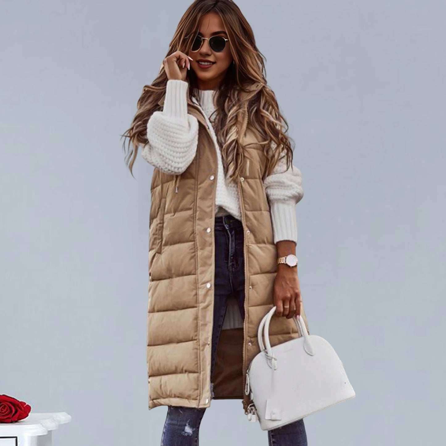 Women's Long Coat Vest With Hood Autumn Winter Sleeveless Warm Cotton Down Coat Waistcoat Quilted Vest Down Jacket Outwear 2XL