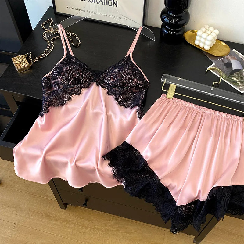 Female Suspender Pajamas Set Lounge Wear Sexy Hollow Out Lace Intimate Lingerie Sleepwear Summer New Strap Top&shorts Homewear