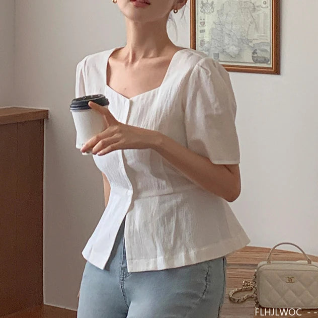 Cotton Linen Short Crop Tops Blouses Retro 2025 Summer Girls Chic Korea Woman Slim Fitted Bodycon Slit Peplum Top Button Shirts