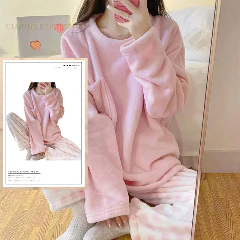 Autumn Winter Flannel Women's Pajamas Sets Polka Dots Printed Teddy Sleepwear Velvet Homewear Kawaii Girsl Pijamas Mujer Pyjama
