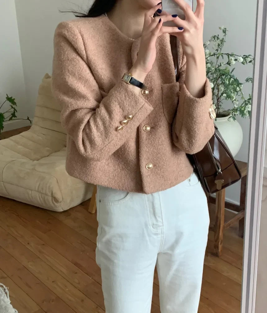 Women Autumn Winter 2025 French Vintage Coat Temperament High Quality Korean Casual Single Breasted Slim Tweed Jackets
