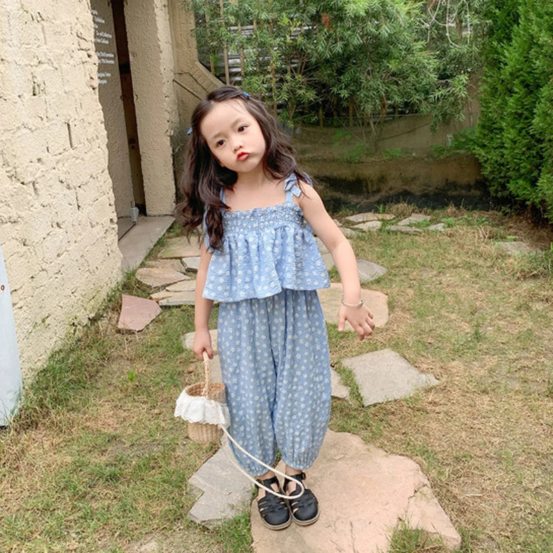 Summer Girls' Clothing Sets Sweet Cute Floral Camisole Plus Anti-Mosquito Pants Fashion Baby Kids Outfit Children Girls Clothes
