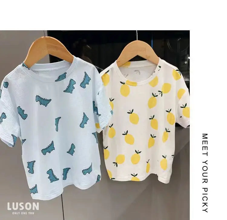 Summer Home Clothes Air-conditioned Clothes Boys and Girls Ice Silk Fabric Loose Short Sleeved Shorts Two-piece Set of Pajamas