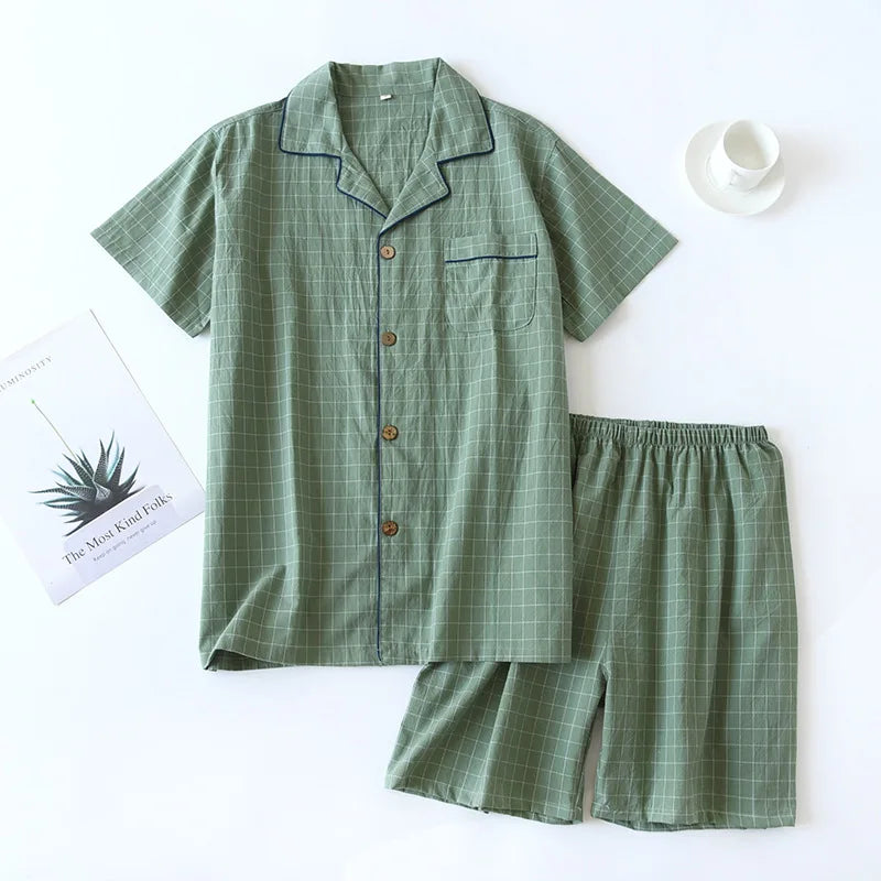 New2025 Men's Summer PajamasThin Short-sleeved Shorts Soft Cotton Simple Japanese Plaid Home Service Suit Pantalon Pijama Hombre