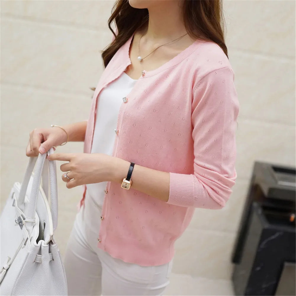 Fashion Korean Sweater Women Short Cardigan Coat Ladies Female Knit Sweater Long Sleeve Crochet Casual Cardigans Woman BasicTops