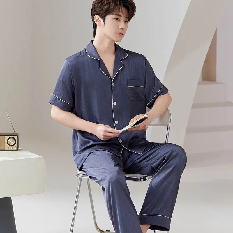 Pajamas for Couples Ice Silk Satin Men's Women's Short Sleeves Shirt Pants Sleepwear Home Clothes Suit Male Pijama