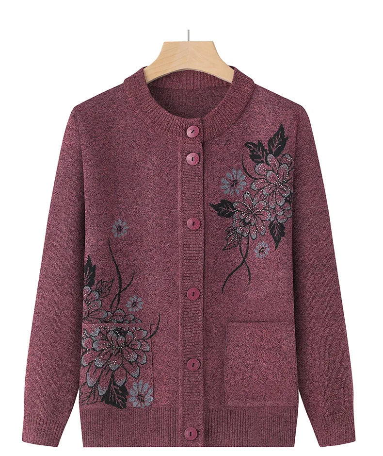 Korean Women's Clothes New Knit Woolen Printed Cardigan Coat Middle Aged Mother Knitwear Tops Vintage Grandma Sweater Jacket