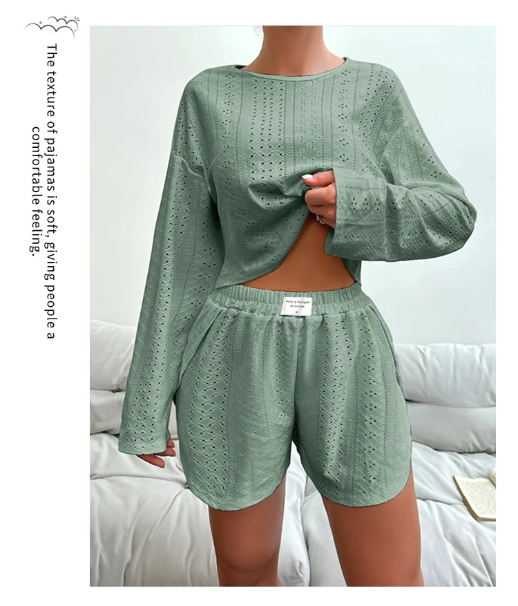 Women's Pajamas Set Sleepwear Loungewear Autumn Soft Comfortable Long Sleeve Tops With Shorts Pyjama Femme Home Clothes 2 Piece