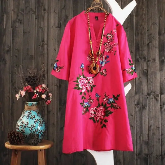 Women Dresses Women's Embroidered Dress Summer Loose Short Sleeve Skirt Vestido De Mujer Femme Robe