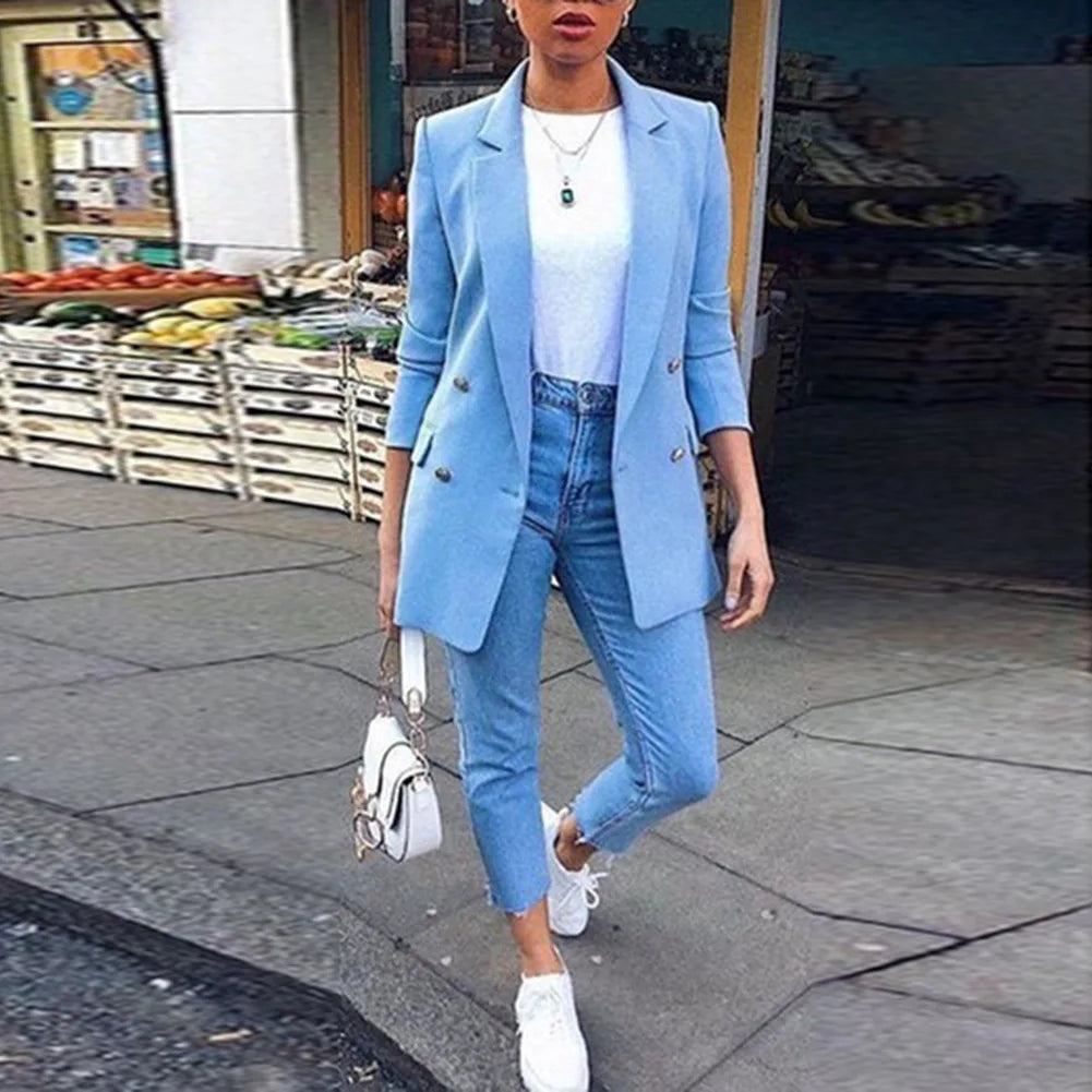 2023 Autumn/Winter New Women's Solid Button Women's Suit Fashion Pocket Polo Collar Cardigan Temperament Suit Coat Office Lady