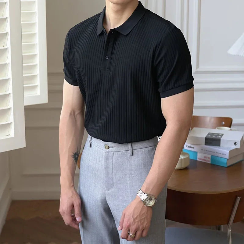 New Vertical Stripe Knit Polo Men's Shirts Summer Slim Solid Color Breathable Turn-Down Collar Business Short Sleeve Polo Tops