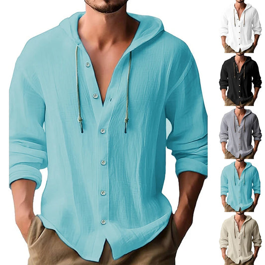Summer Men's Cotton Linen Shirt Solid Streetwear Long Sleeve Hoodie Clothing For Men Button Tops Casual Loose Men Hooded Shirt