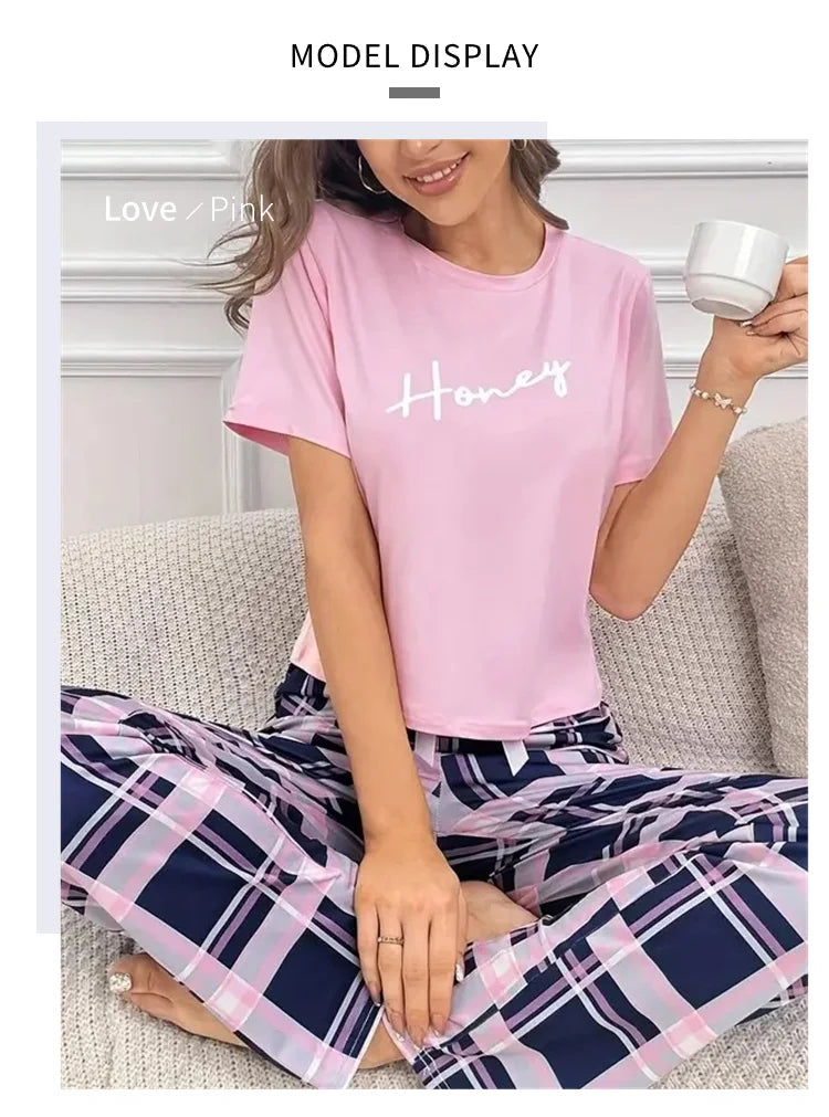 Women's Pajama Pj Set Letter Print Short Sleeve Top & Plaid Print Pants with Bow Details Casual Sleepwear for Adults All Seasons