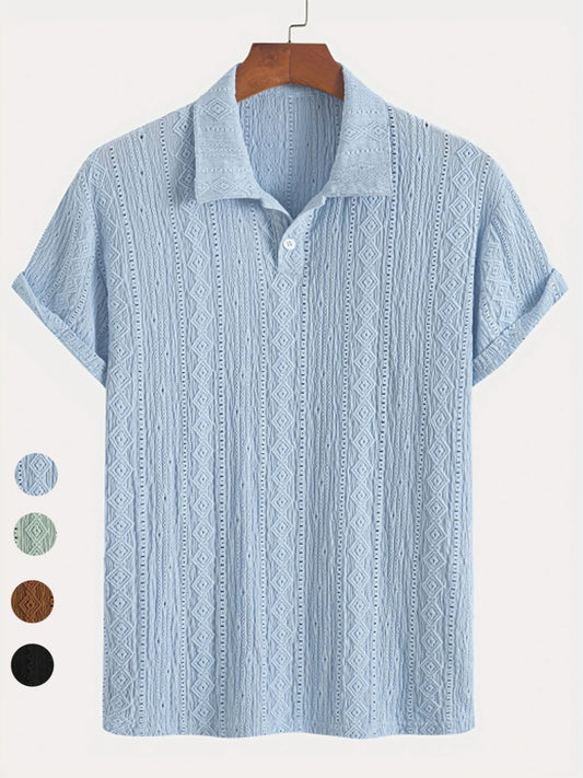 New Polo Shirts For Men Streetwear Solid Color Jacquard Textured Half Buttoned Short Sleeves T-shirt Men's Basic Tops