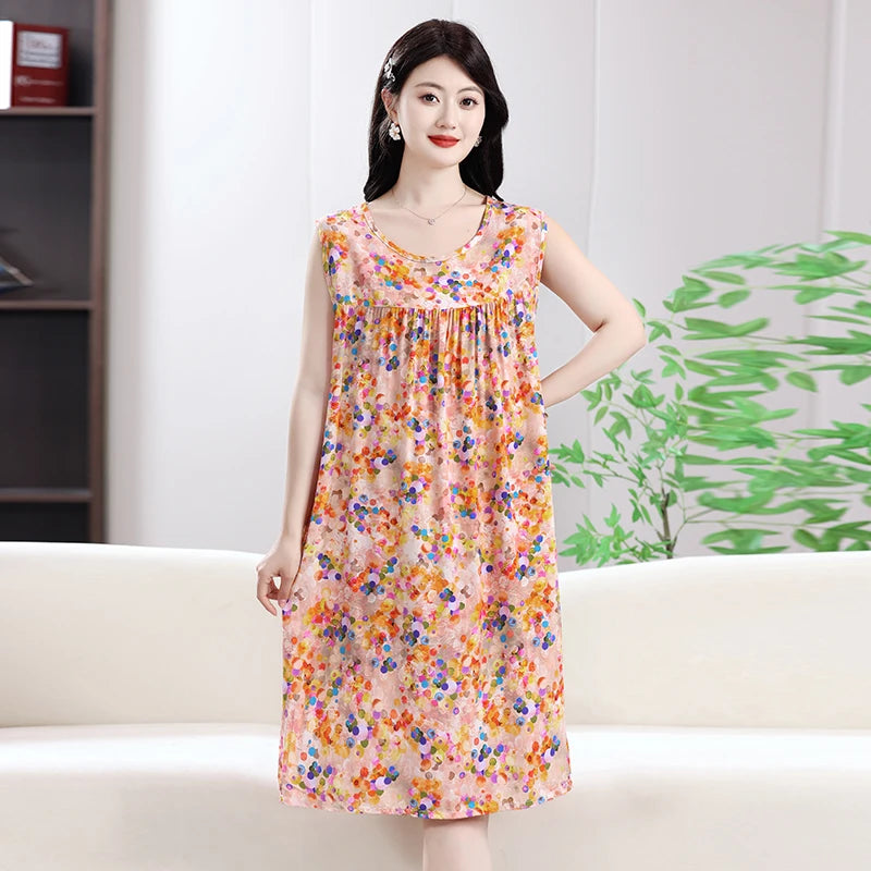 2025 New Women's Spwear Cotton Silk Nightgown round Ne Mid-Length Svel Dr Artificial Cotton Home Clothes