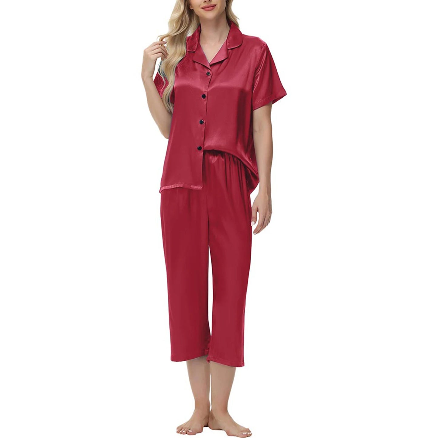 Women'S Pajama Set Burgundy Silky Fabric Short Sleeve Fashion Pants Home Clothes Bedroom Leisure Scene Stay At Home