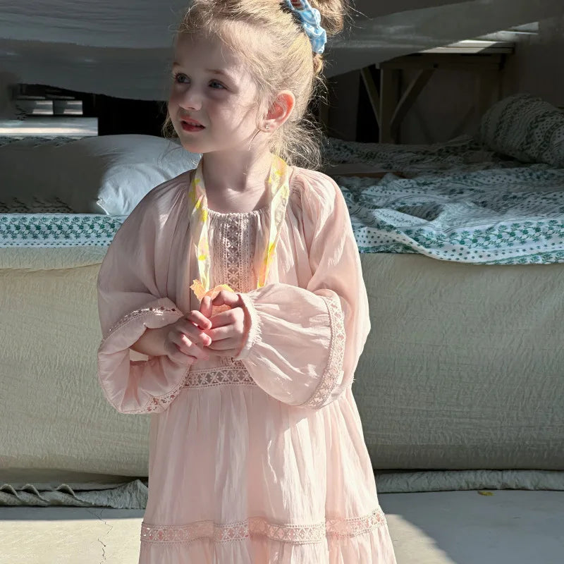 Girls Dress 2025 Spring New Elegant Lace Dress Sweet Girls Long Dress Ruffle Kids Dress For Girls