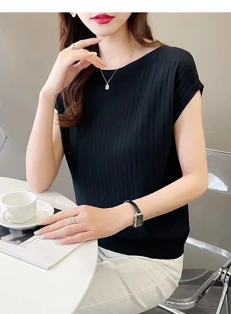 2025 New Spring Autumn Fashion Straight Neck  Knitted Sweater Short Sleeve Women Solid Color Simple Casual Tops Fema