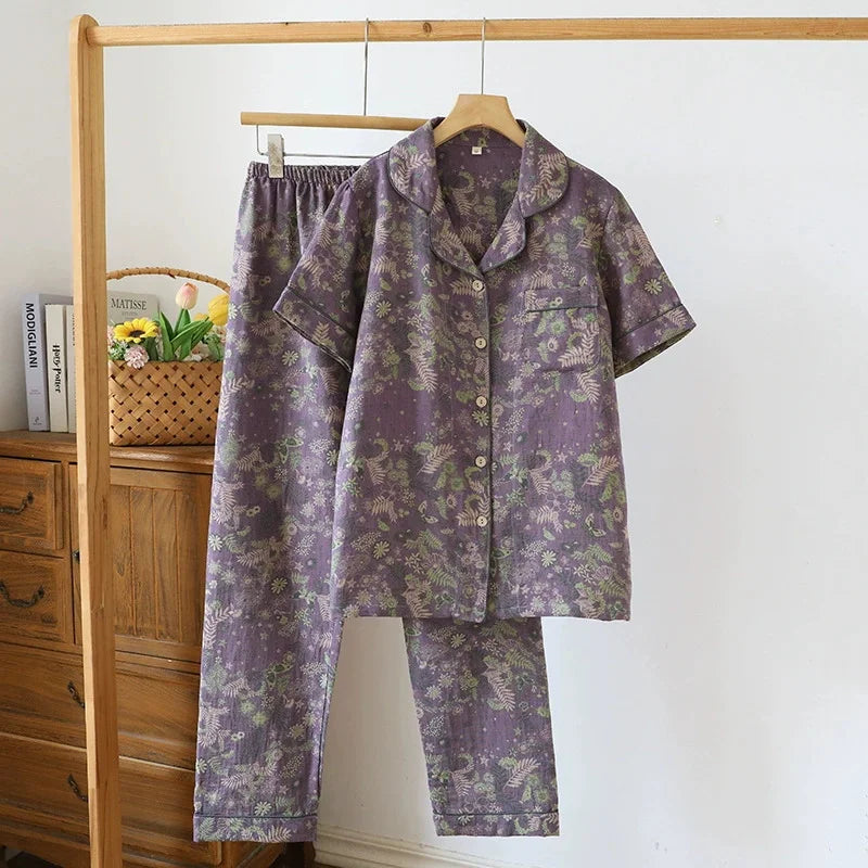 Summer Pijama Cotton Pajamas Set Middle Aged Mother Women 2 Piece Set Outfit Jacquard Home Wear Trousers Short Sleeve Sleepwear