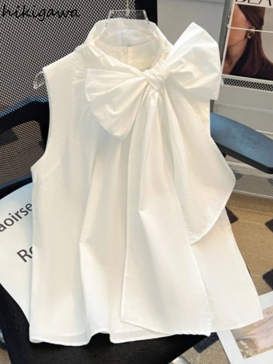 White Blouse for Women 2025 Blusas Mujer De Moda Bandage Bow Sleeveless Loose Shirts Fashion Sweet Summer Blouses Tops Female