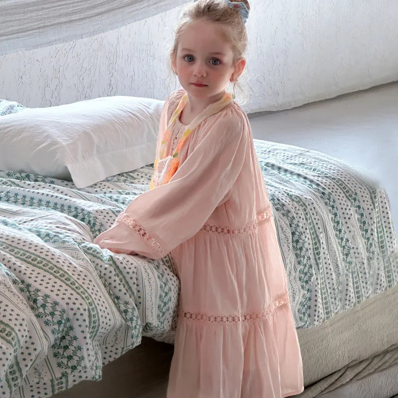 Girls Dress 2025 Spring New Elegant Lace Dress Sweet Girls Long Dress Ruffle Kids Dress For Girls