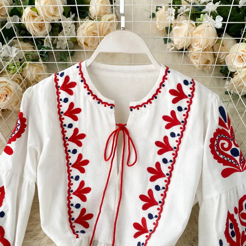 Bohemian Embroidered Dress for Women, Boho, Flower, O-Neck, Lantern Long Sleeve, High Waist, Cotton, White, Spring