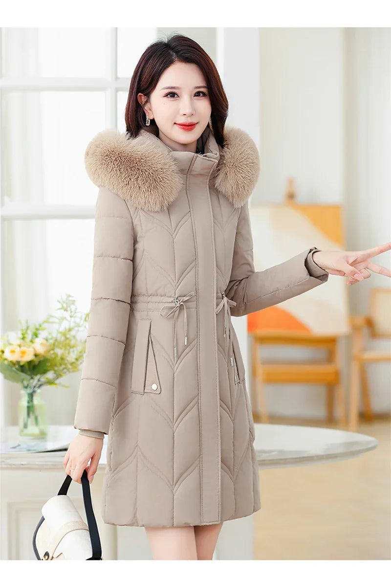 Women Down Cotton Jacket 2025 Mid Long Warm Ladies Outerwear Slim High-End Loose Women Winter Parka Coat Female Cotton Clothes