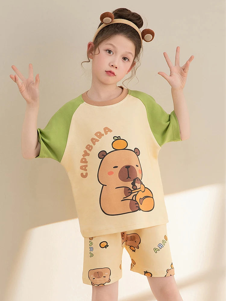 Capybara Pajama Sets 2025 Summer Teen Girls Cartoon Short Sleeved Tops Shorts 2pcs Kids Sleepwear Children Nightgown Loungewear
