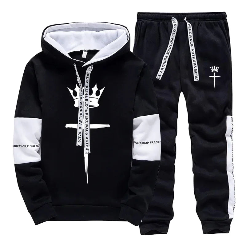 Cross Crown Print Sweatshirts Sweatpants High Quality Street Fashion Tracksuit 2025 Fall/winter Men's Sportswear 2pcs Set
