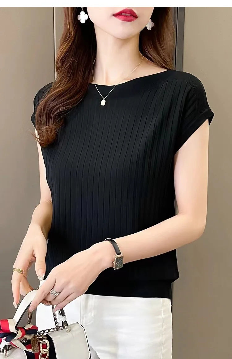 2025 New Spring Autumn Fashion Straight Neck  Knitted Sweater Short Sleeve Women Solid Color Simple Casual Tops Fema