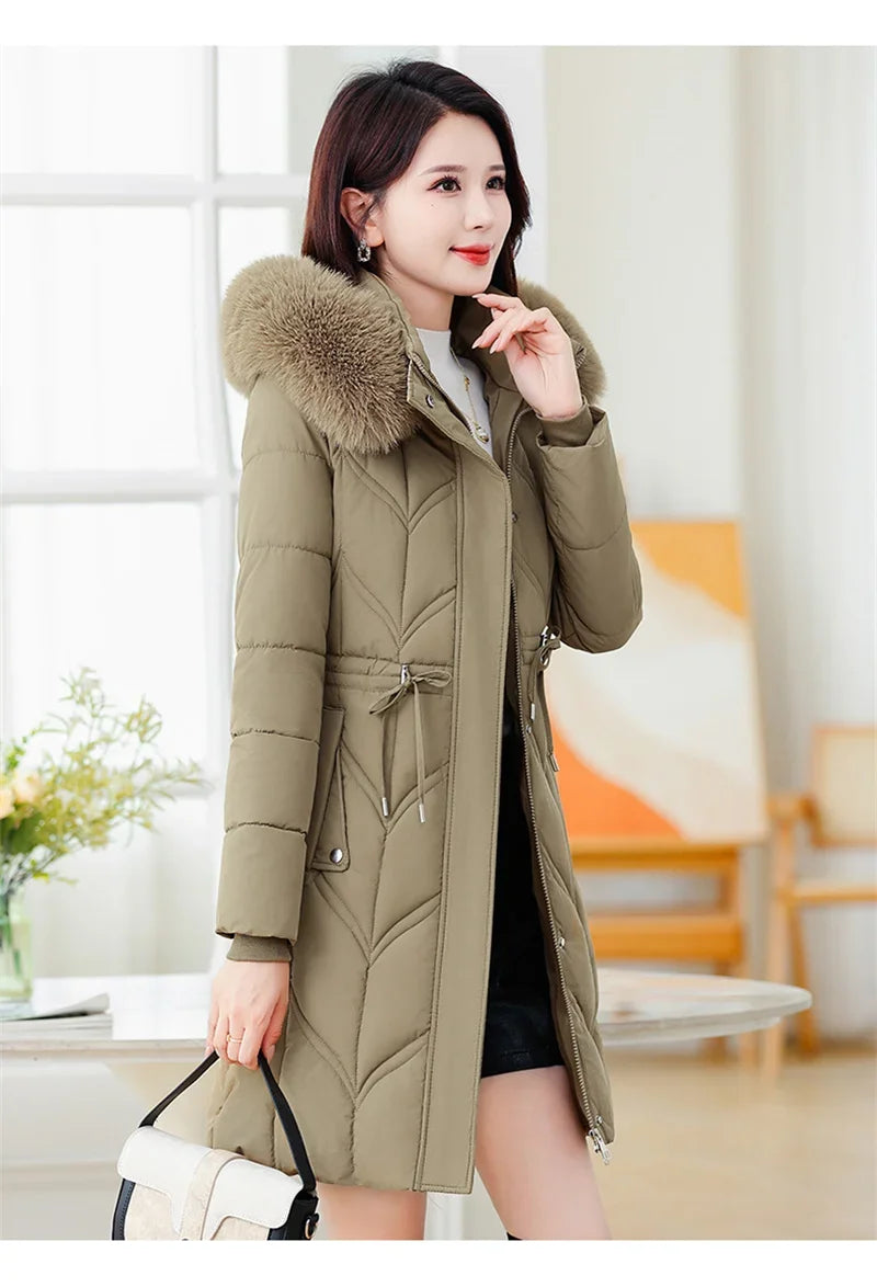 Women Down Cotton Jacket 2025 Mid Long Warm Ladies Outerwear Slim High-End Loose Women Winter Parka Coat Female Cotton Clothes