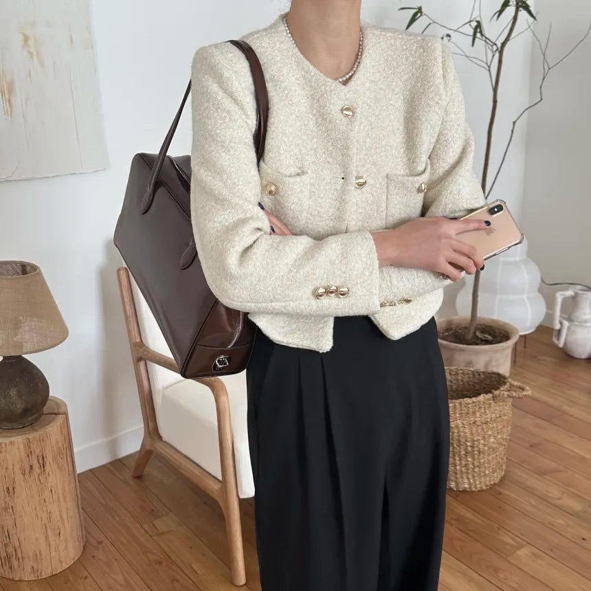 Women Autumn Winter 2025 French Vintage Coat Temperament High Quality Korean Casual Single Breasted Slim Tweed Jackets