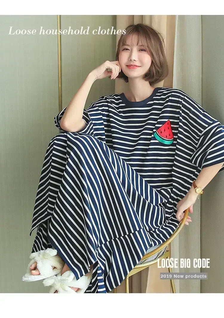 Summer Pajama Dress Female Short-Sleeved Cartoon Homewear Lengthened Plus Size Striped Student Pajamas Easy To Wash Long Clothes
