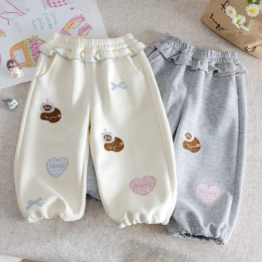 Girls Pants 2025 Spring Autumn Cartoon Trousers for Kids Embroidered Children Casual Loose Toddler Sporty Pants Baby Clothing