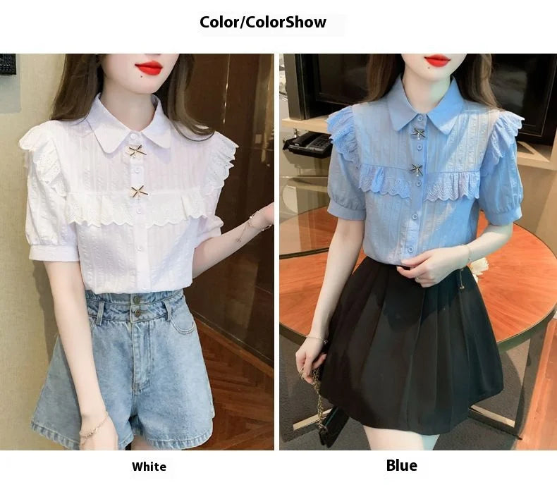 Summer Dress Women's Shirt T-Shirt New Women's Shirt Cotton Shirt Women's Foreign Design Sense Niche Short Sleeve Lace Top