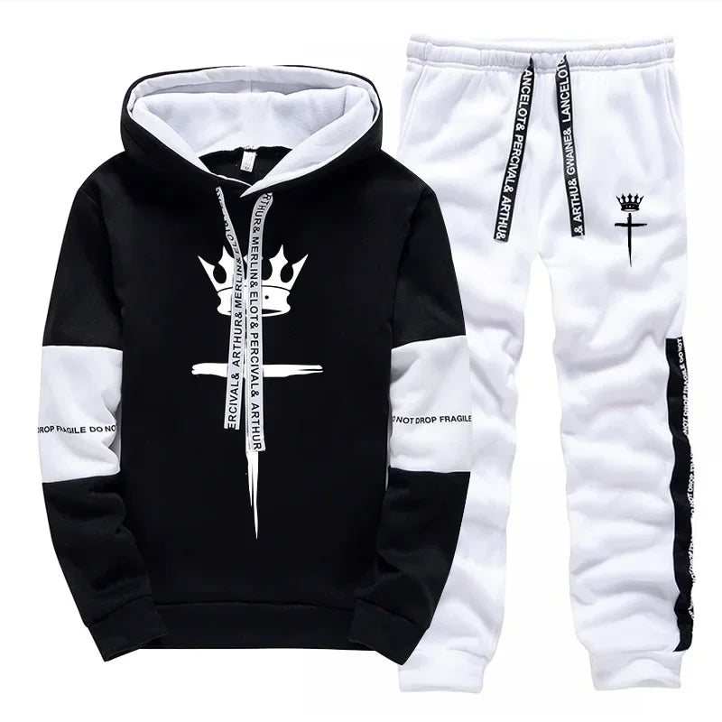 Cross Crown Print Sweatshirts Sweatpants High Quality Street Fashion Tracksuit 2025 Fall/winter Men's Sportswear 2pcs Set