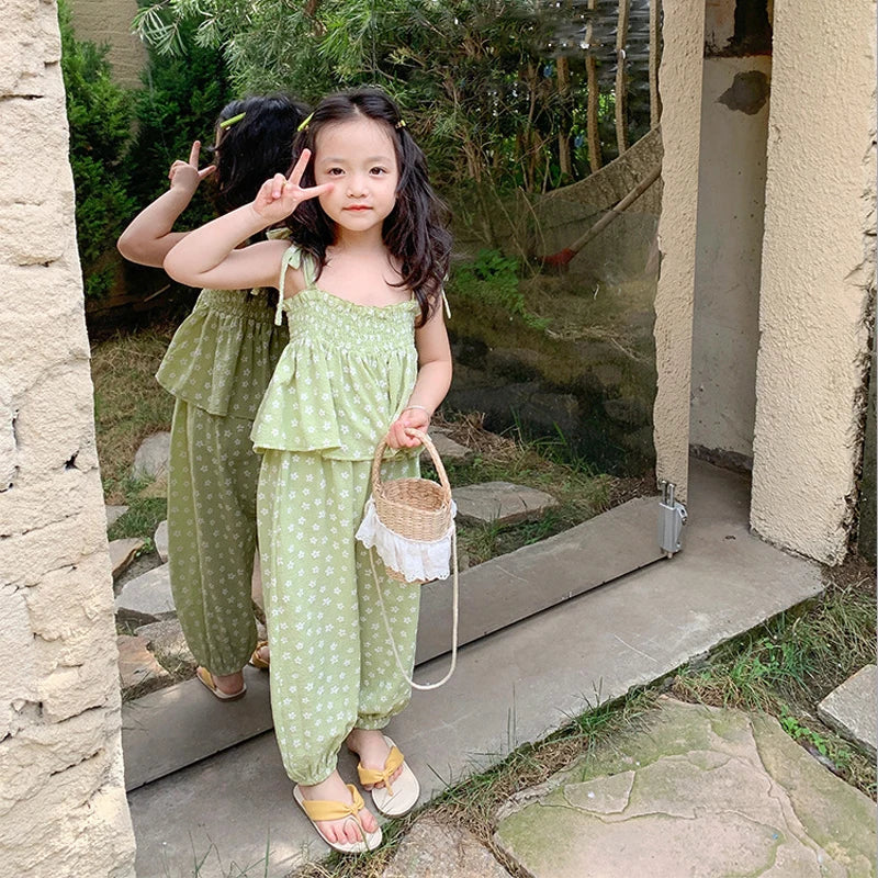 Summer Girls' Clothing Sets Sweet Cute Floral Camisole Plus Anti-Mosquito Pants Fashion Baby Kids Outfit Children Girls Clothes