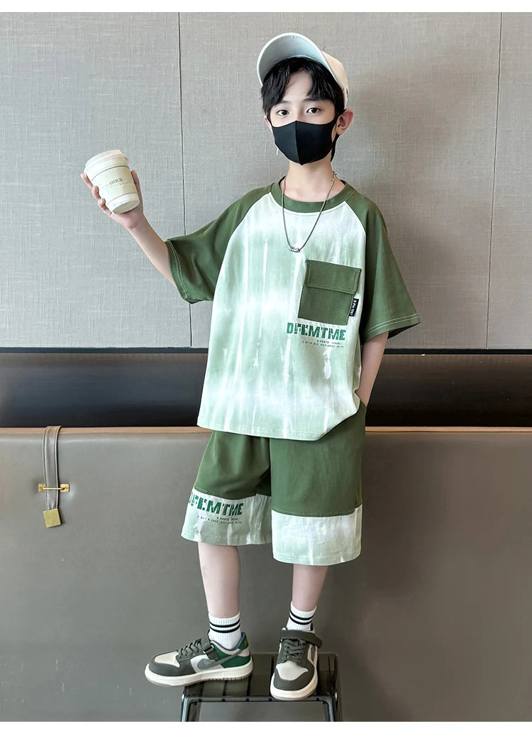Boys Clothes Sets With Front Pocket 2025 Summer New Tshirts + Shorts Children's Clothes High Quality Kids Boy Sport Suits 5-14T