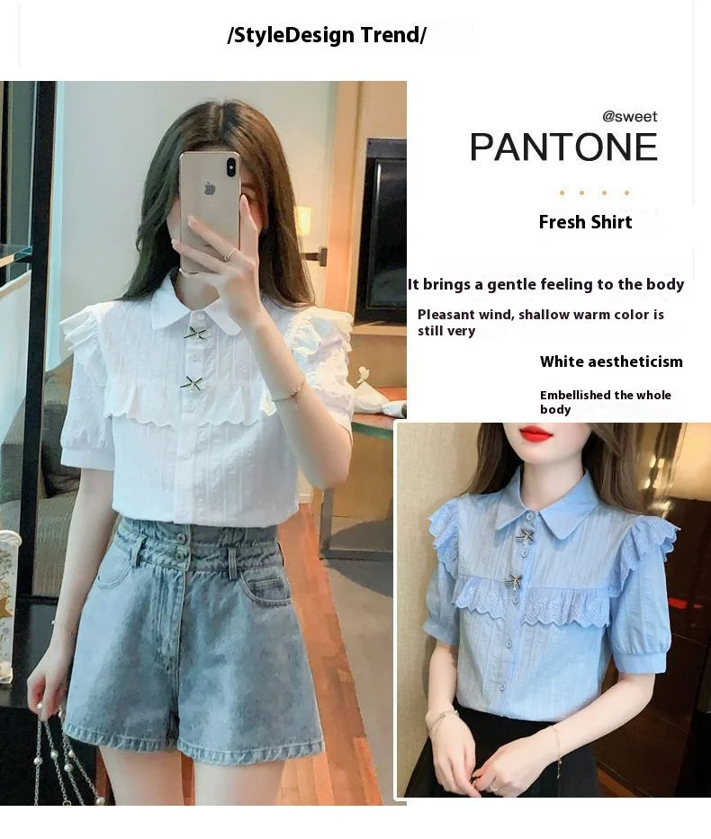 Summer Dress Women's Shirt T-Shirt New Women's Shirt Cotton Shirt Women's Foreign Design Sense Niche Short Sleeve Lace Top