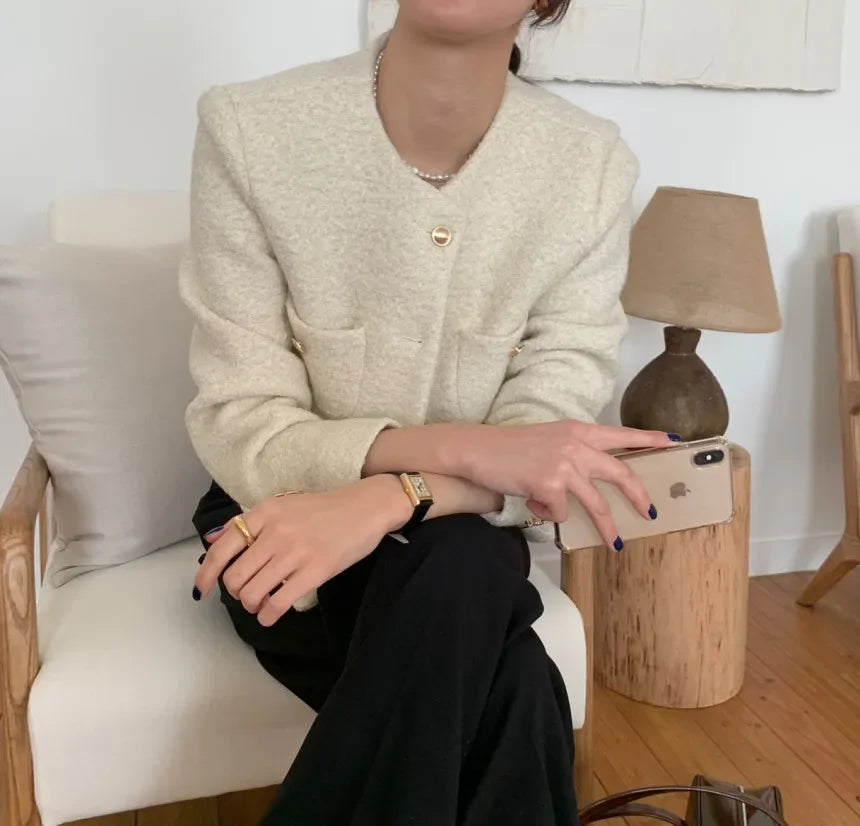 Women Autumn Winter 2025 French Vintage Coat Temperament High Quality Korean Casual Single Breasted Slim Tweed Jackets