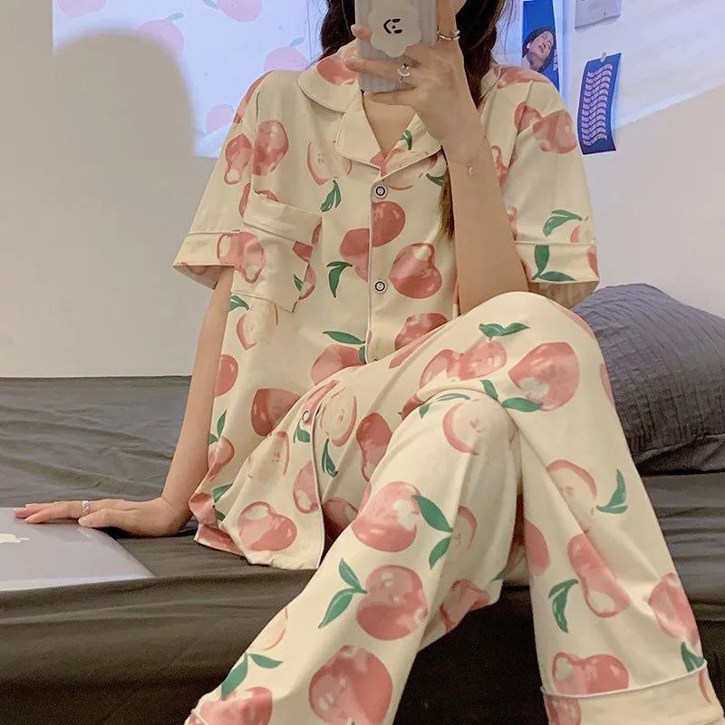 Women's Summer Three-Piece Pajama Set: Cute Teenage Student Short-Sleeved Long Pants Casual Korean-Style Pajamas Underwear