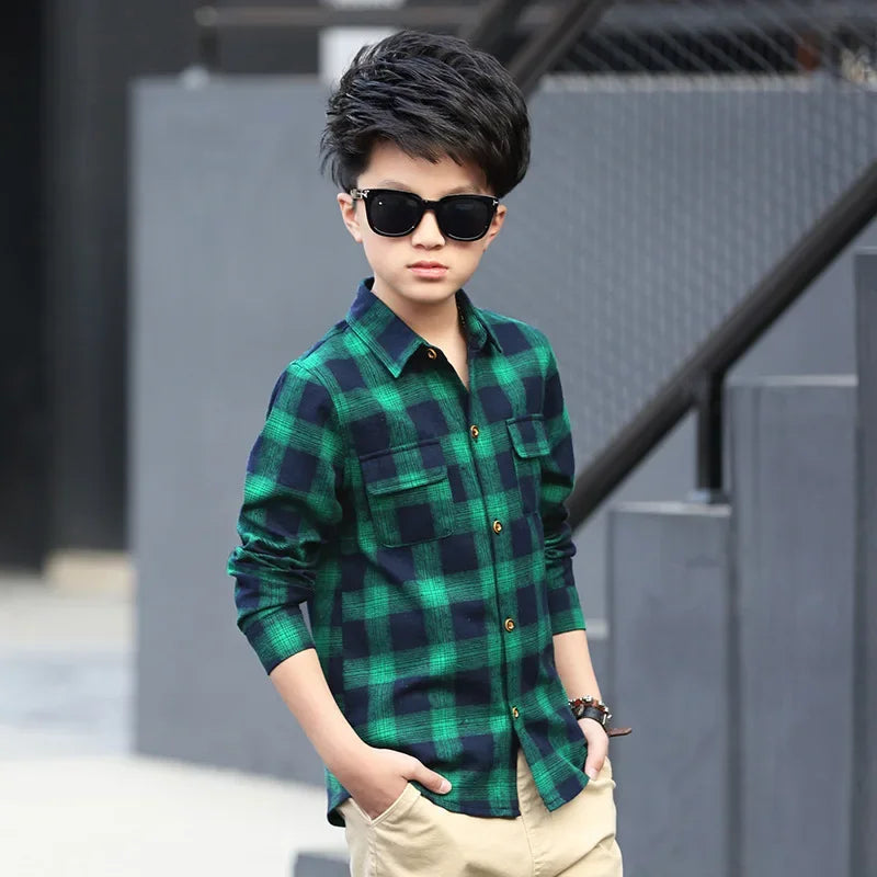 Boys Shirts Fashion Children Plaid Shirts Cotton Long Sleeve Boys Tops Shirt Teenage Kids Boys Clothes 5 6 8 9 10 12 14 15 Years